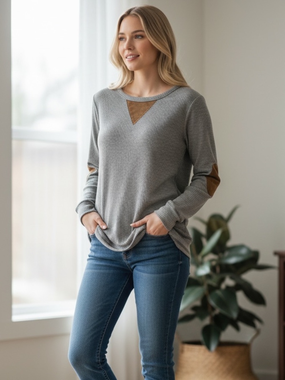 BE COOL Gray Long Sleeve Top with Brown Accents